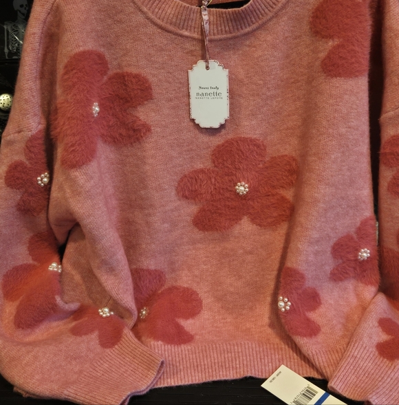Nannette Sweaters - Nannette Pink Floral Pearl-Appliqué Crewneck Sweater